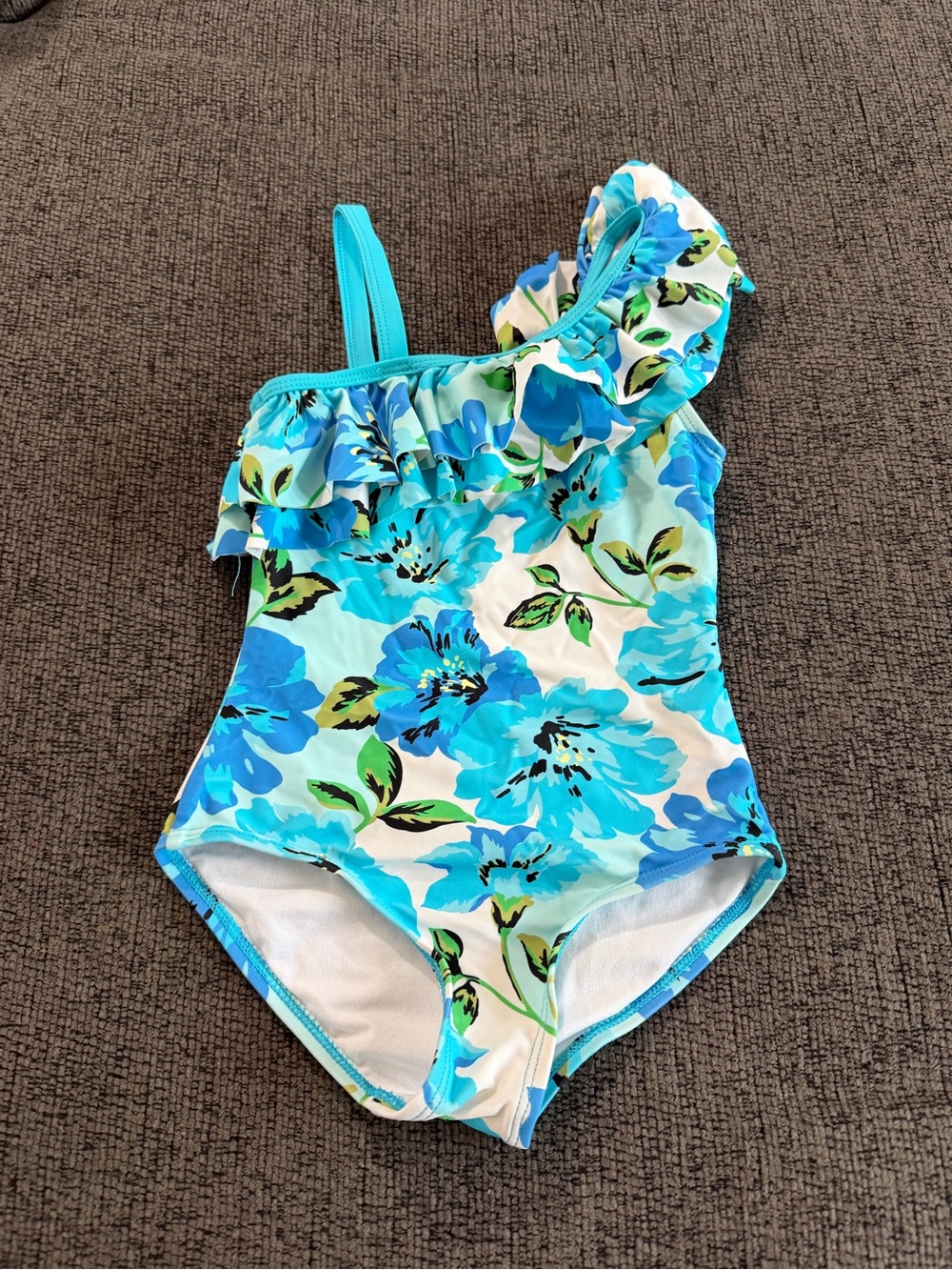 Girls One-Shoulder Blue Floral Ruffle Swimsuit